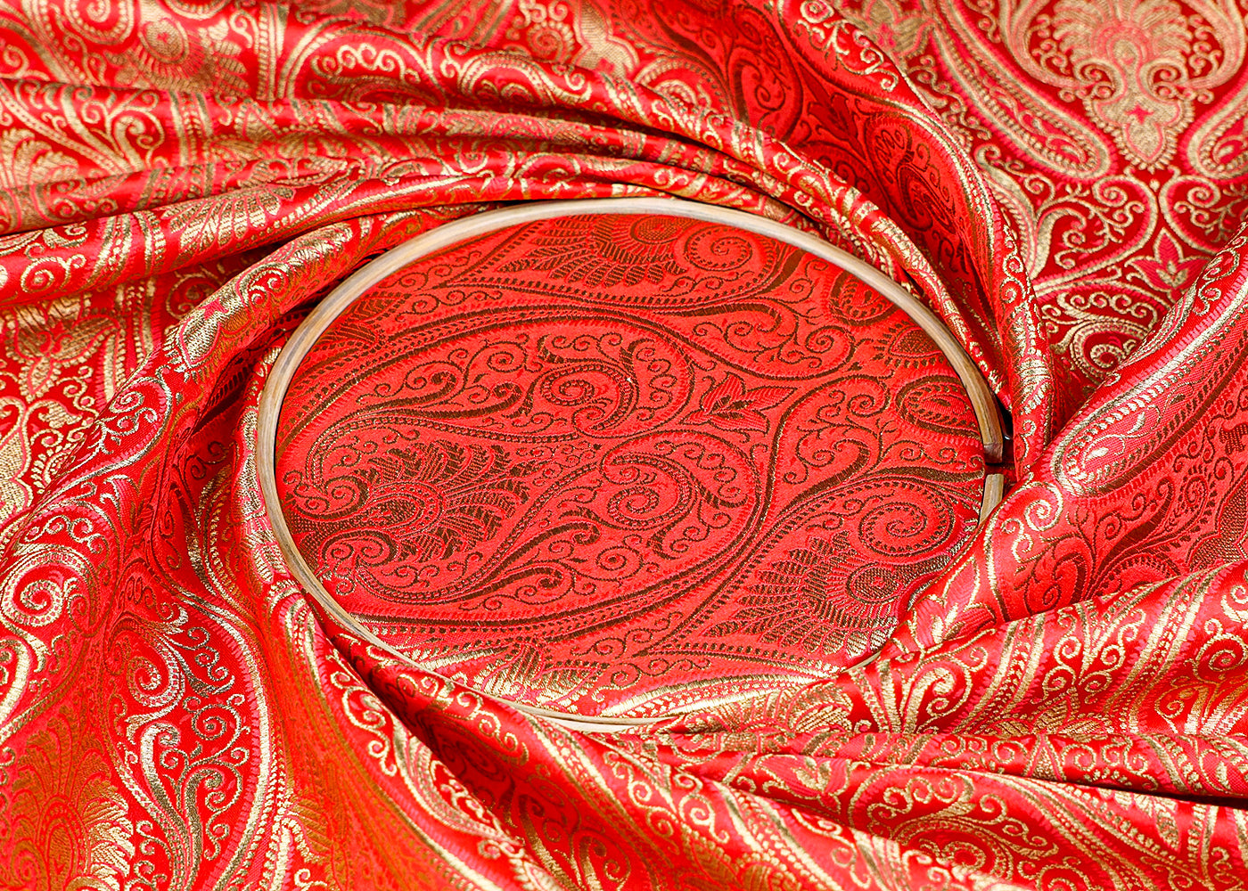 Gajri Banarasi Brocade Fabric With Allover Golden Zari Handloom 15882