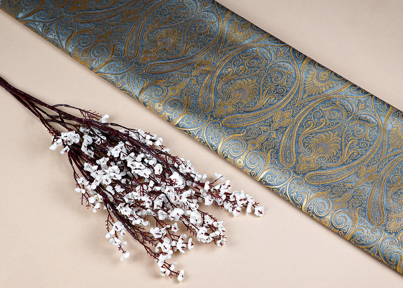Grey Banarasi Brocade Fabric With Allover Golden Zari Handloom 15883