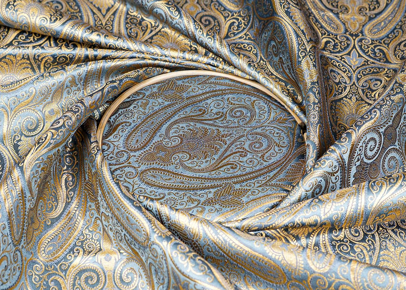 Grey Banarasi Brocade Fabric With Allover Golden Zari Handloom 15883