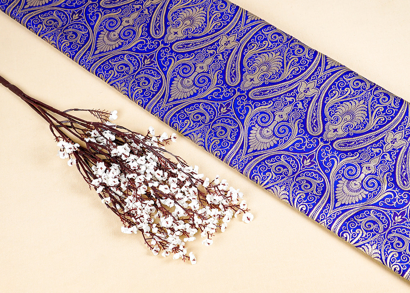 Royal Blue Banarasi Brocade Fabric with Allover Golden Zari Handloom 15884