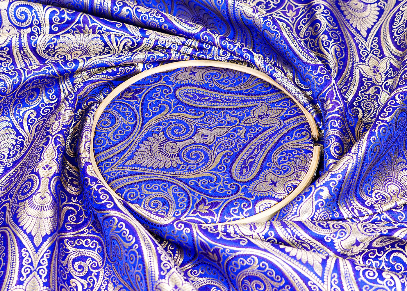 Royal Blue Banarasi Brocade Fabric with Allover Golden Zari Handloom 15884