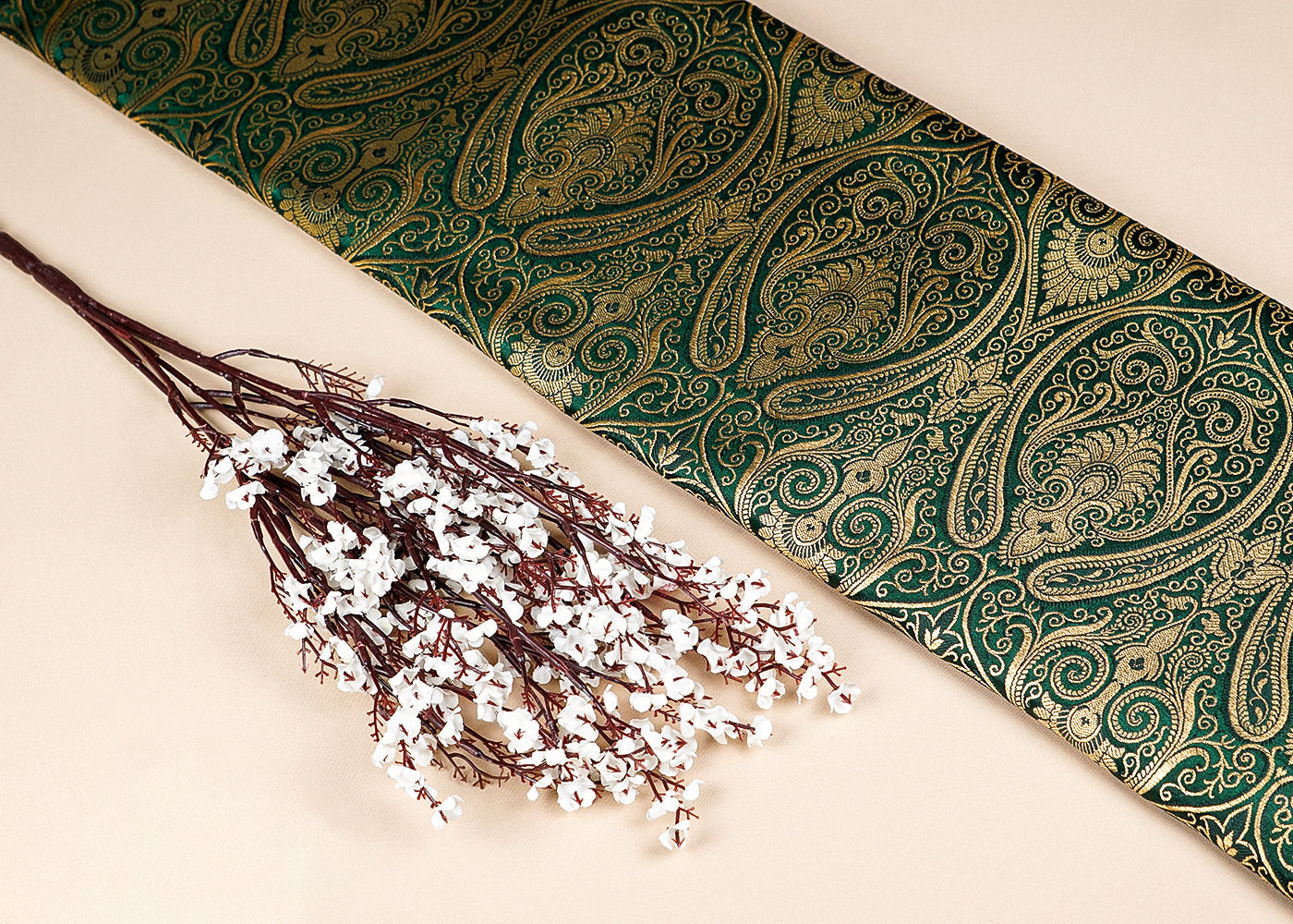 Bottle Green Banarasi Brocade Fabric With Allover Golden Zari Handloom 15885