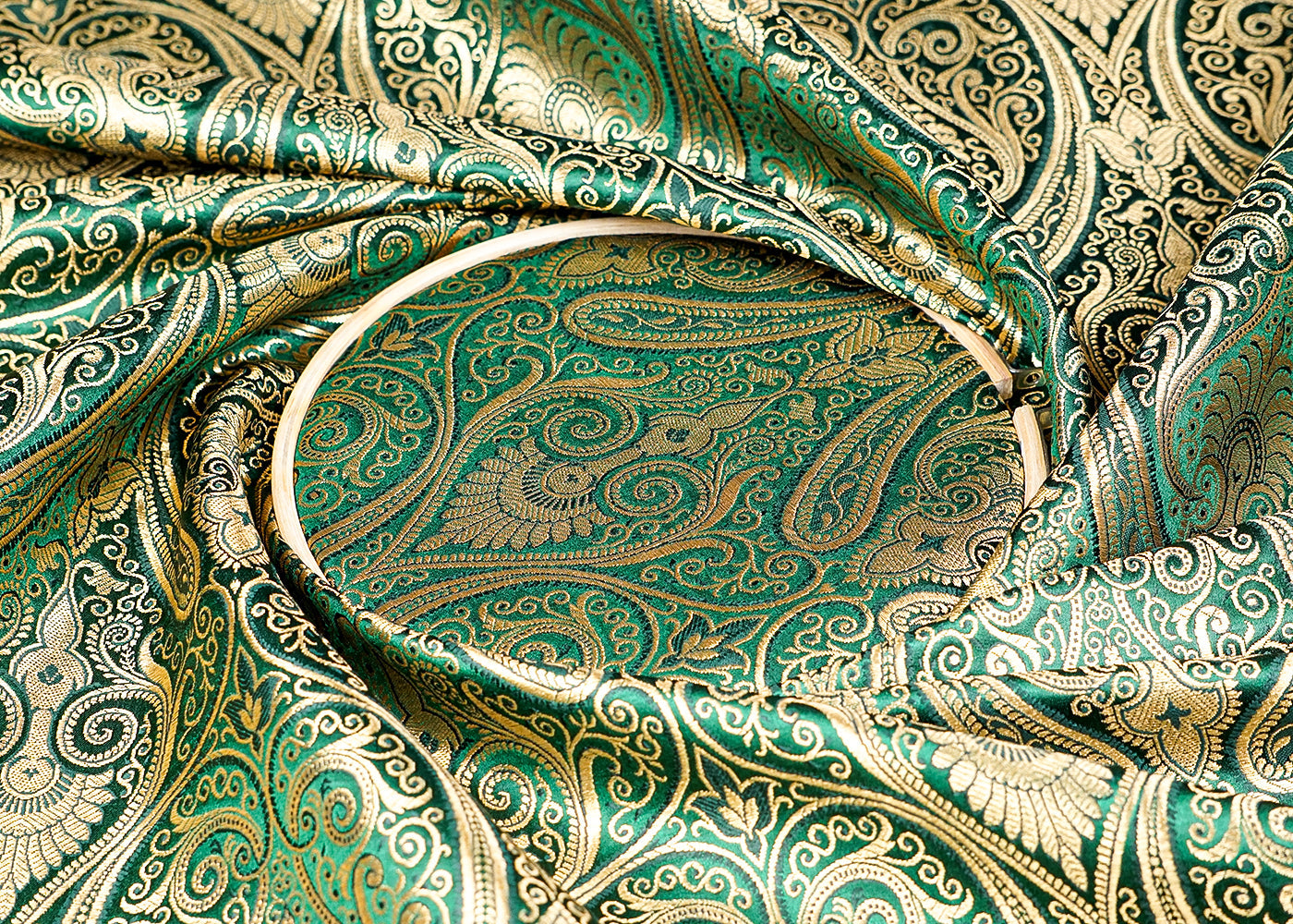 Bottle Green Banarasi Brocade Fabric With Allover Golden Zari Handloom 15885