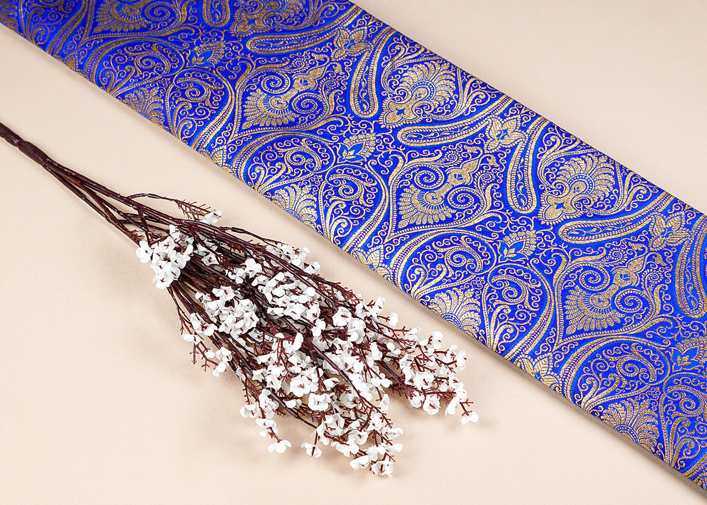 Royal Blue Banarasi Brocade Fabric With Allover Golden Zari Handloom 15886