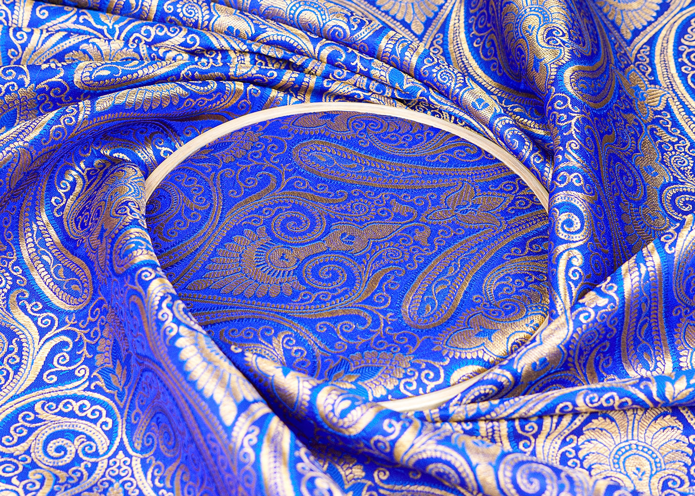 Royal Blue Banarasi Brocade Fabric With Allover Golden Zari Handloom 15886
