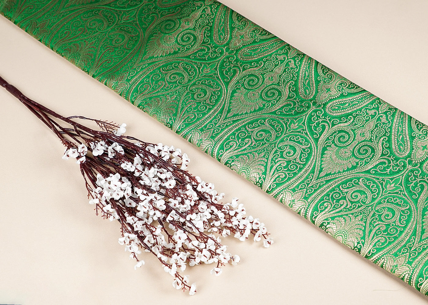 Green Banarasi Brocade Fabric With Allover Golden Zari Handloom 15887