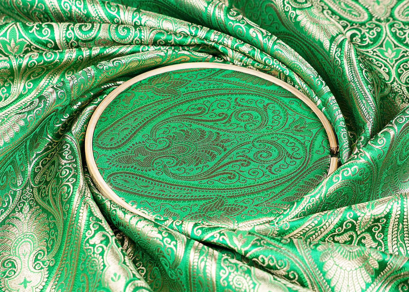 Green Banarasi Brocade Fabric With Allover Golden Zari Handloom 15887