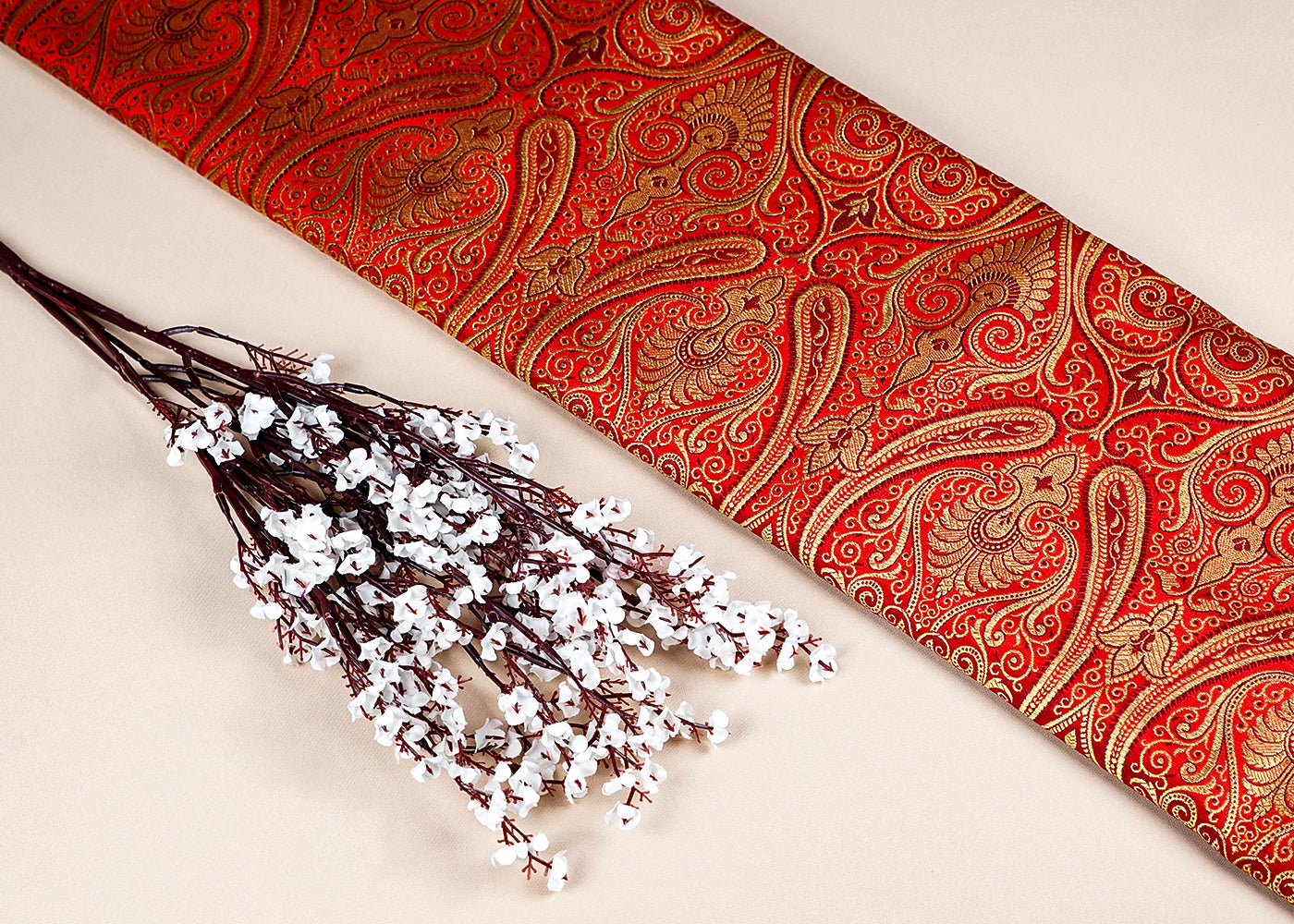 Red Banarasi Brocade Fabric With Allover Golden Zari Handloom 15888