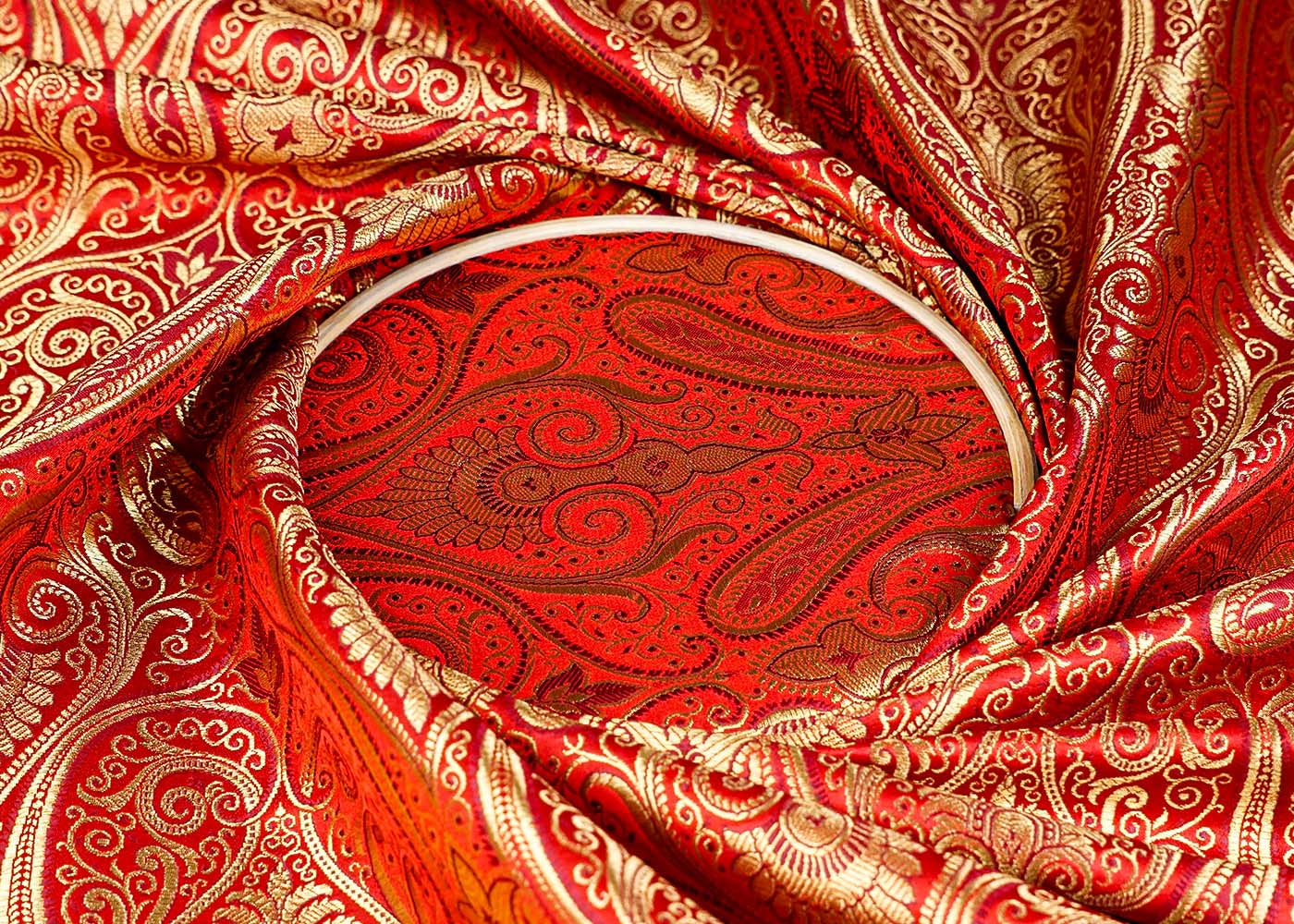 Red Banarasi Brocade Fabric With Allover Golden Zari Handloom 15888