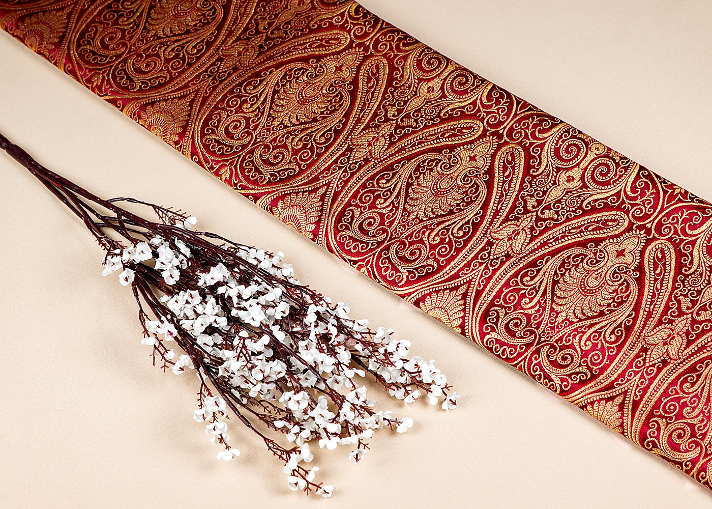 Wine Banarasi Brocade Fabric With Allover Golden Zari Handloom 15889