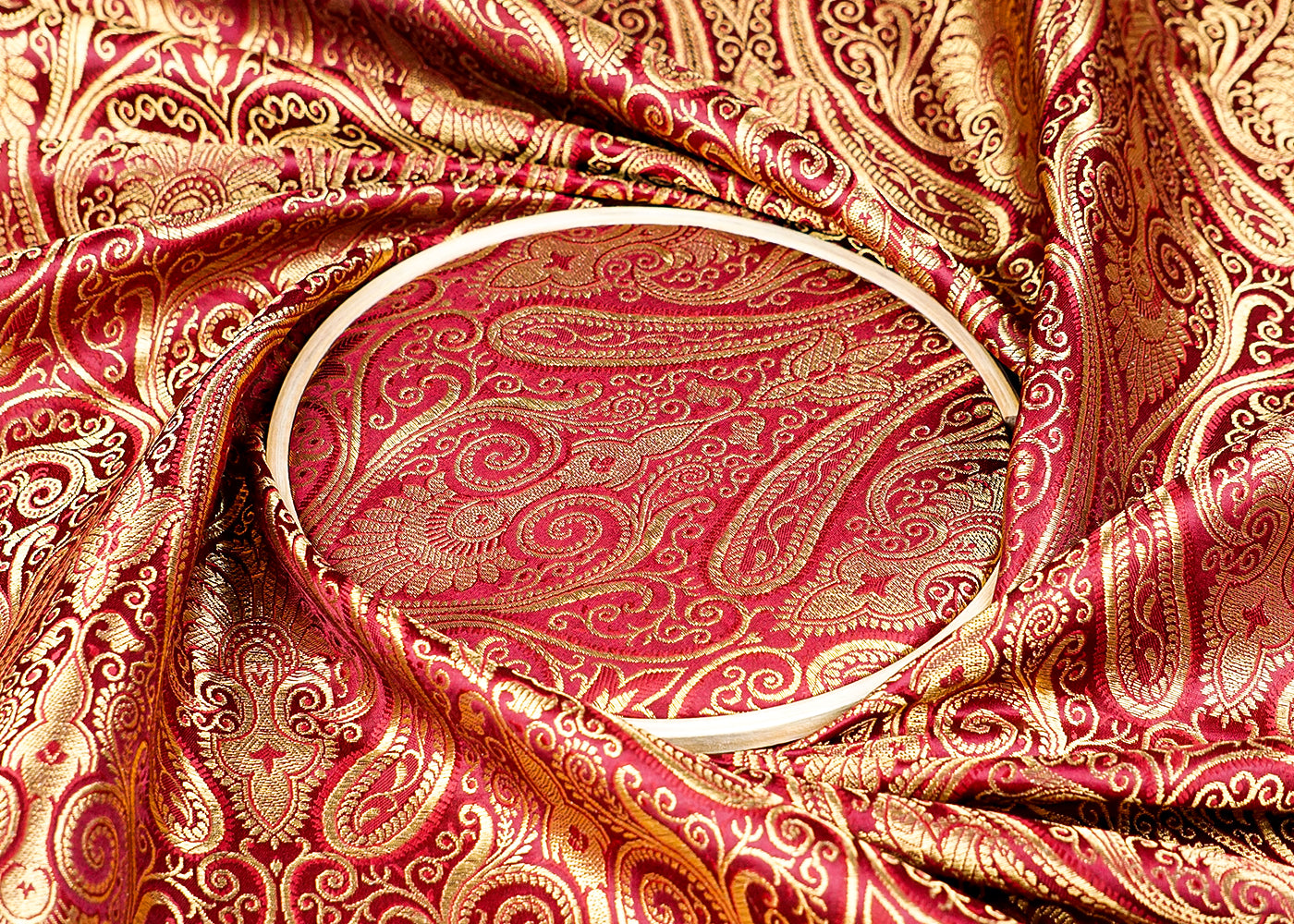 Wine Banarasi Brocade Fabric With Allover Golden Zari Handloom 15889