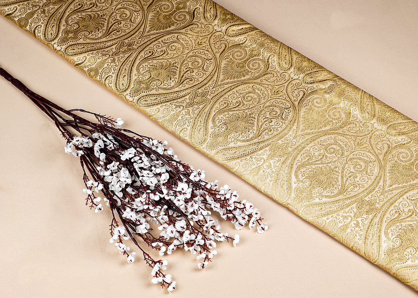 Golden Banarasi Brocade Fabric With Allover Golden Zari Handloom 15890