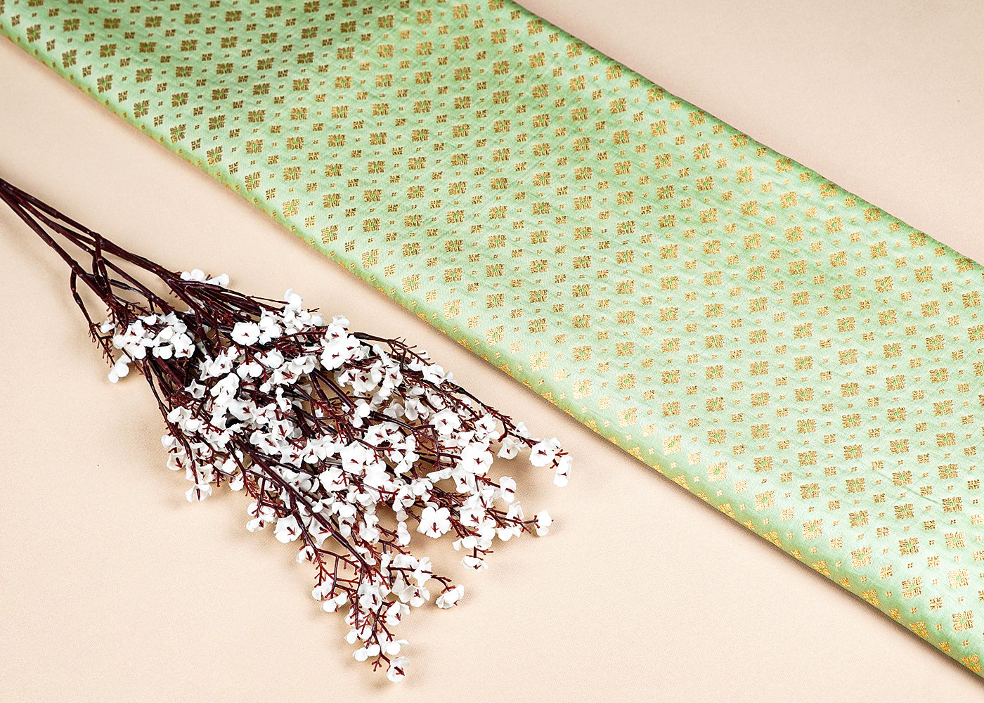 Green Banarasi Brocade Fabric With Allover Golden Zari Handloom 15891