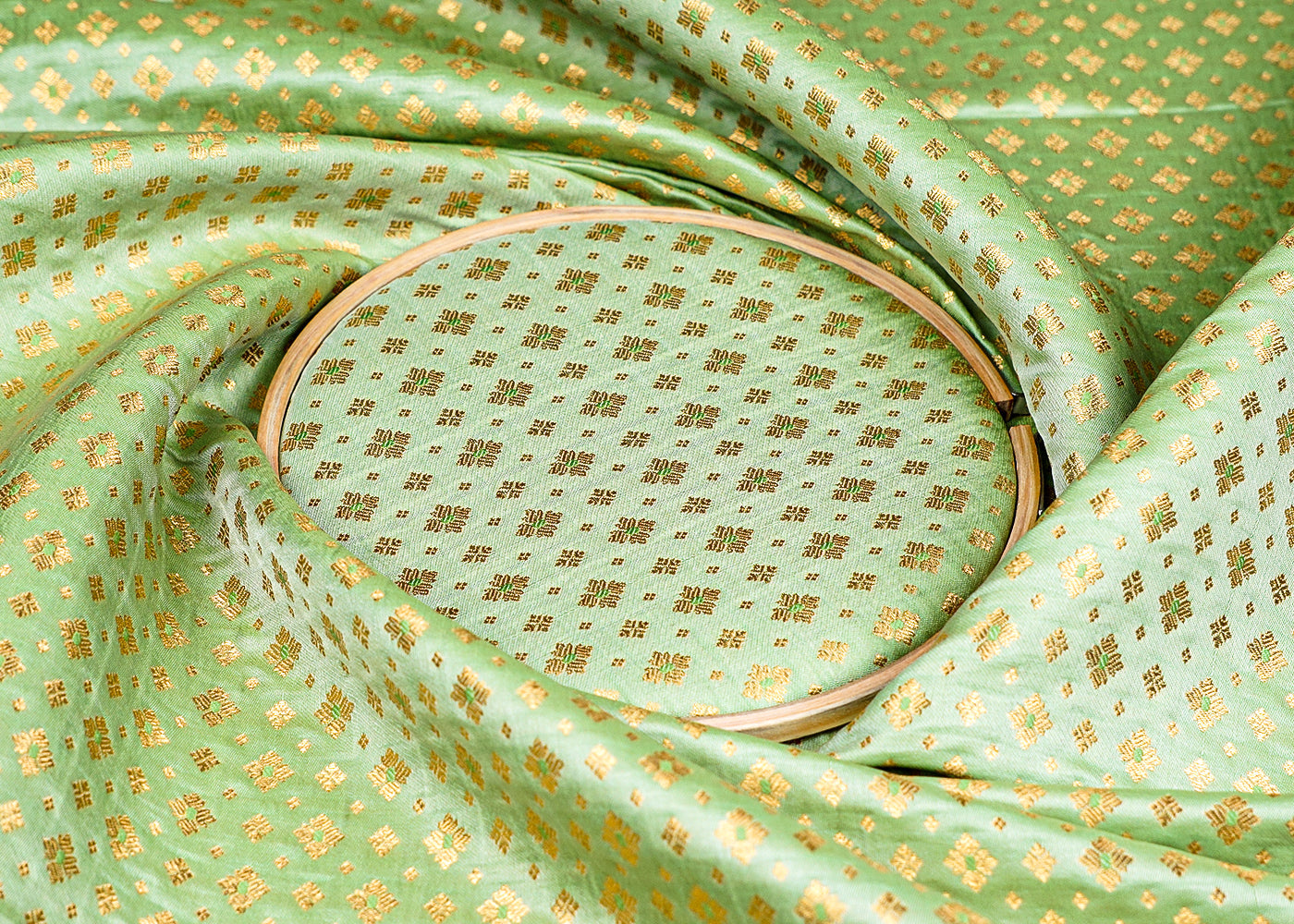Green Banarasi Brocade Fabric With Allover Golden Zari Handloom 15891
