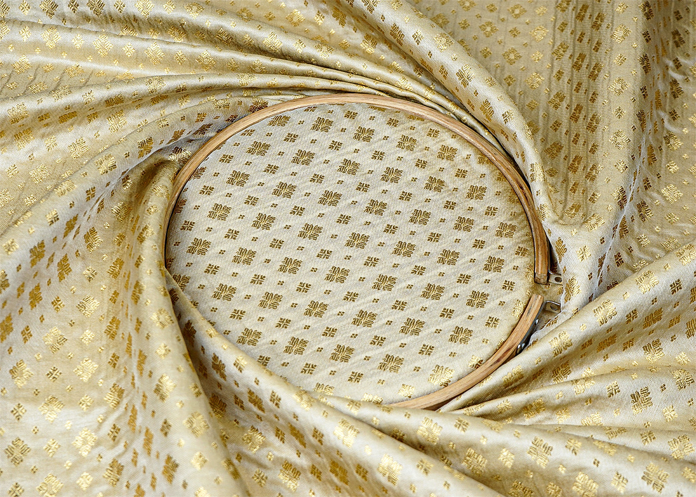 Golden Banarasi Brocade Fabric With Allover Golden Zari Handloom 15892