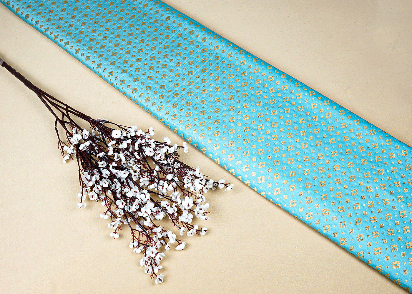 Sky Blue Banarasi Brocade Fabric With Allover Golden Zari Handloom 15893