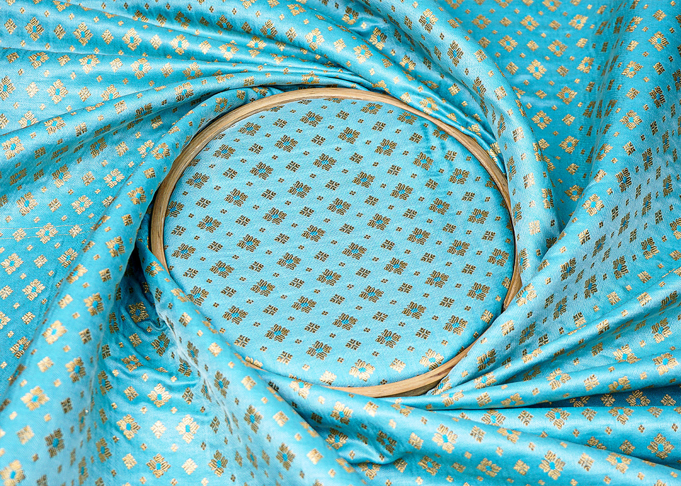 Sky Blue Banarasi Brocade Fabric With Allover Golden Zari Handloom 15893