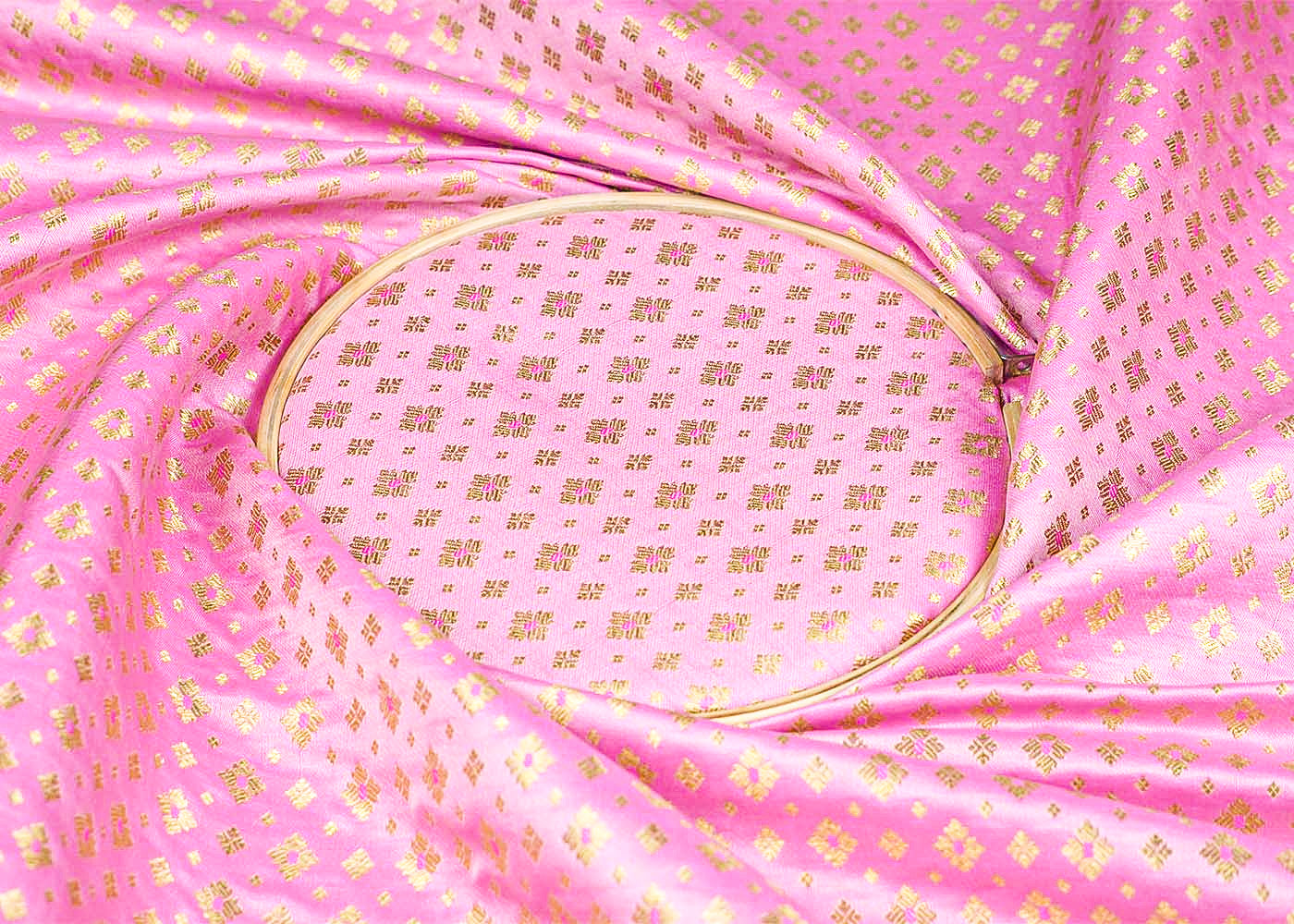 Pink Banarasi Brocade Fabric With Allover Golden Zari Handloom 15894