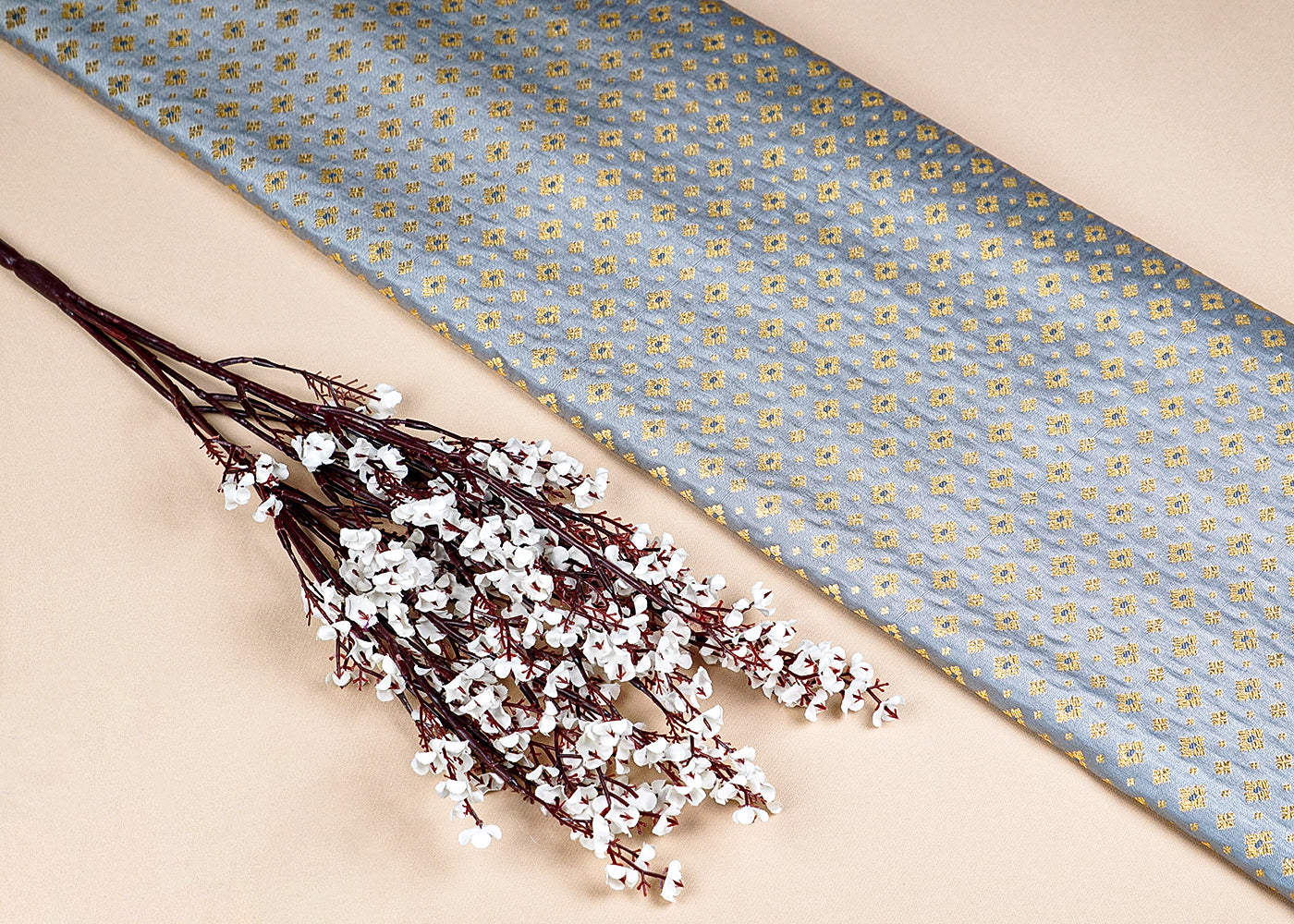 Grey Banarasi Brocade Fabric With Allover Golden Zari Handloom 15895