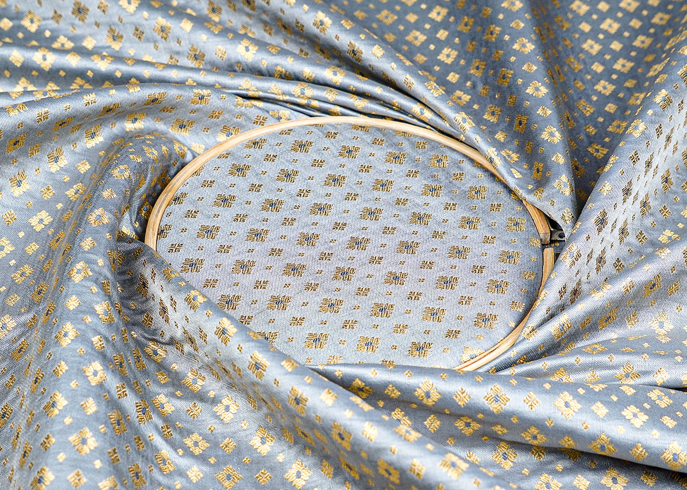 Grey Banarasi Brocade Fabric With Allover Golden Zari Handloom 15895