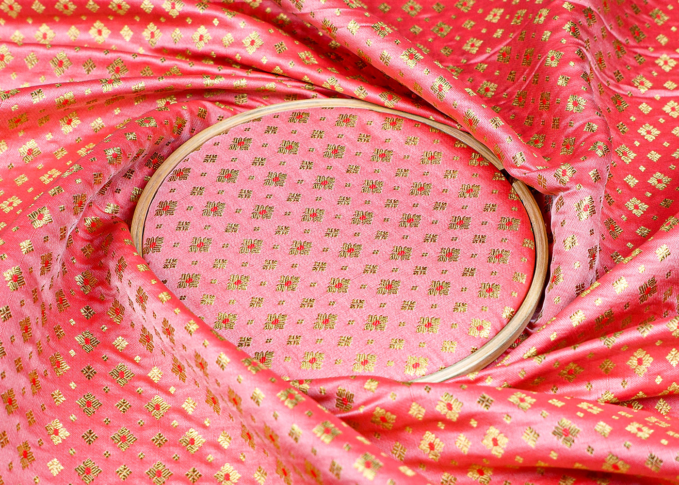 Gajri Banarasi Brocade Fabric With Allover Golden Zari Handloom 15897