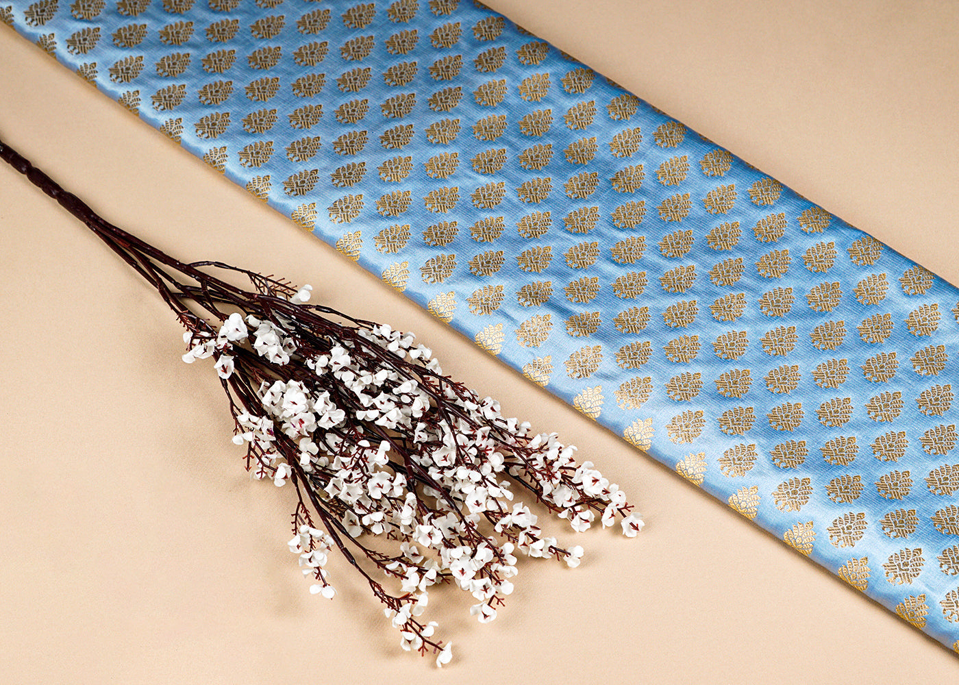 Sky Blue Banarasi Brocade Fabric With Allover Golden Zari Handloom 15899