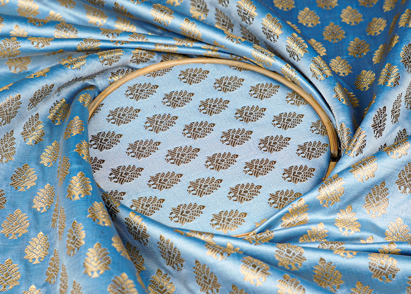 Sky Blue Banarasi Brocade Fabric With Allover Golden Zari Handloom 15899