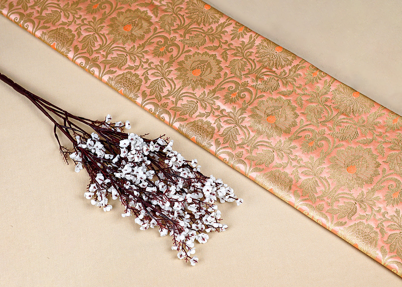 Peach Banarasi Brocade Fabric with Allover Golden Zari Handloom 15902
