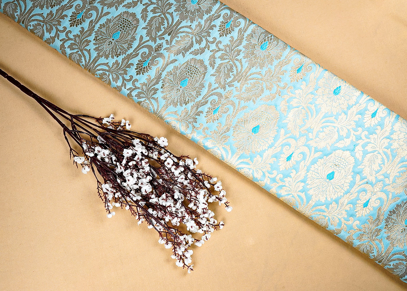 Light Blue Banarasi Brocade Fabric with Allover Golden Zari Handloom 15903