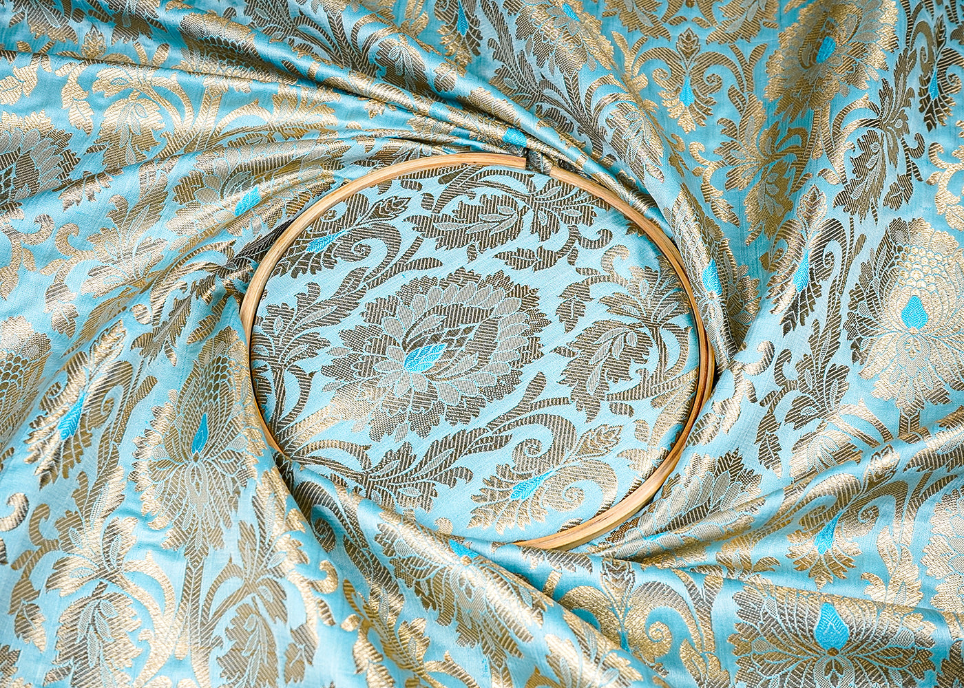 Light Blue Banarasi Brocade Fabric with Allover Golden Zari Handloom 15903