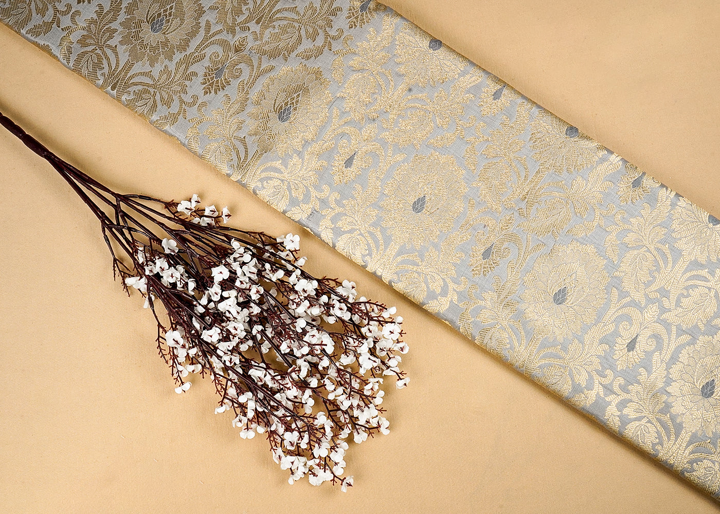 Grey Banarasi Brocade Fabric with Allover Golden Zari Handloom 15904