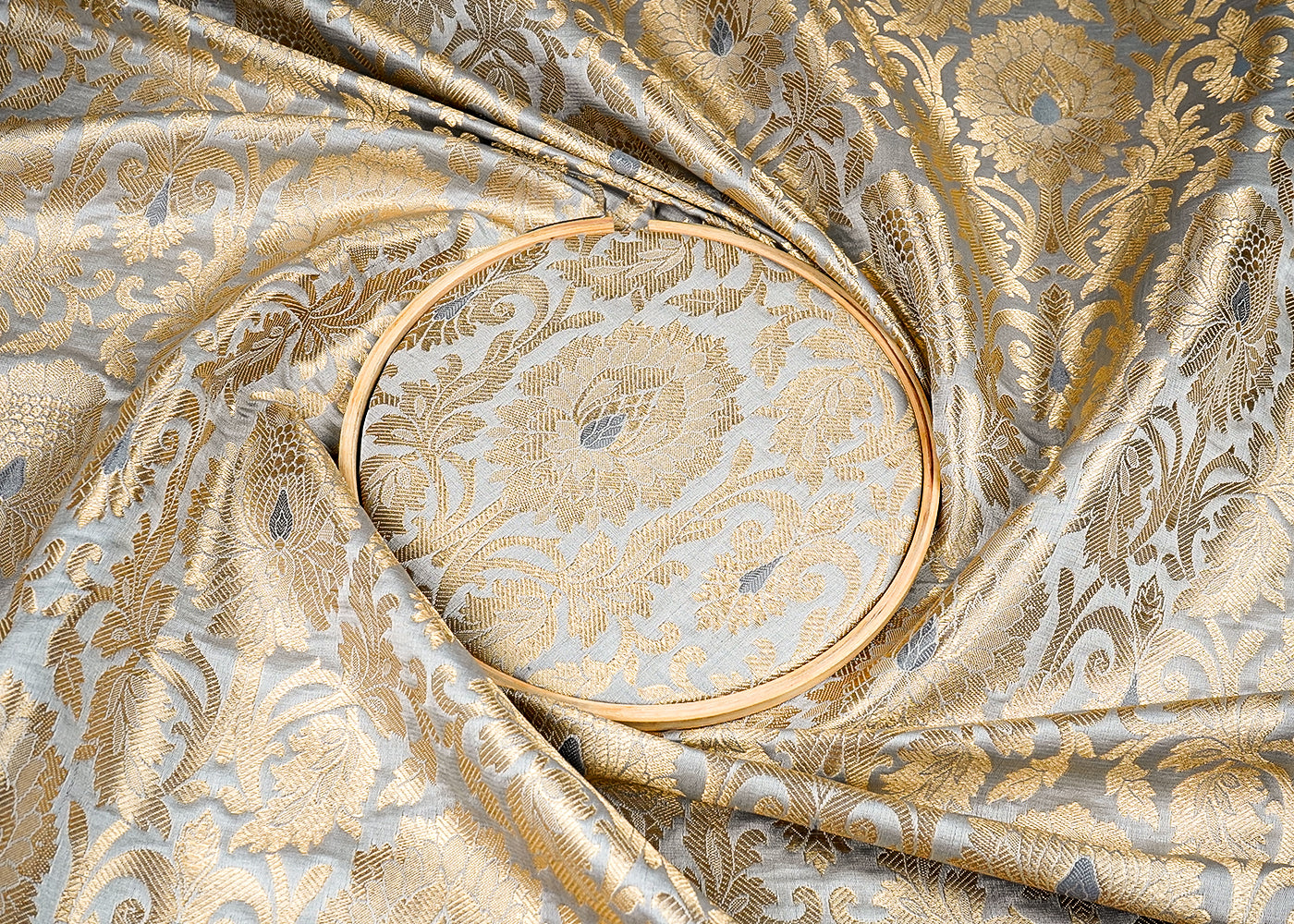 Grey Banarasi Brocade Fabric with Allover Golden Zari Handloom 15904