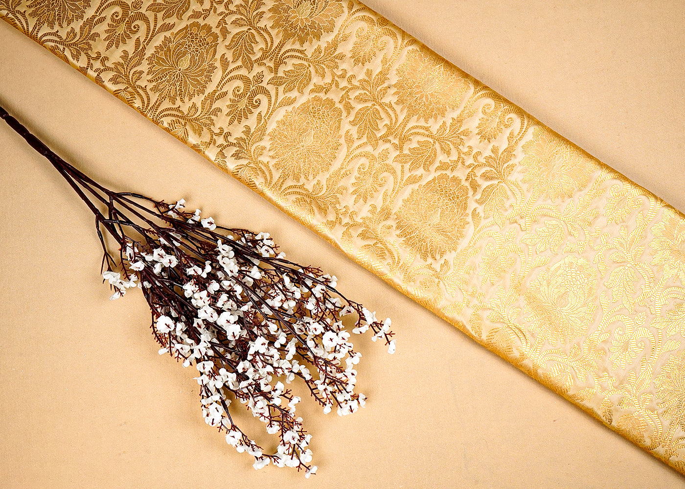 Golden  Banarasi Brocade Fabric with Allover Golden Zari Handloom 15905
