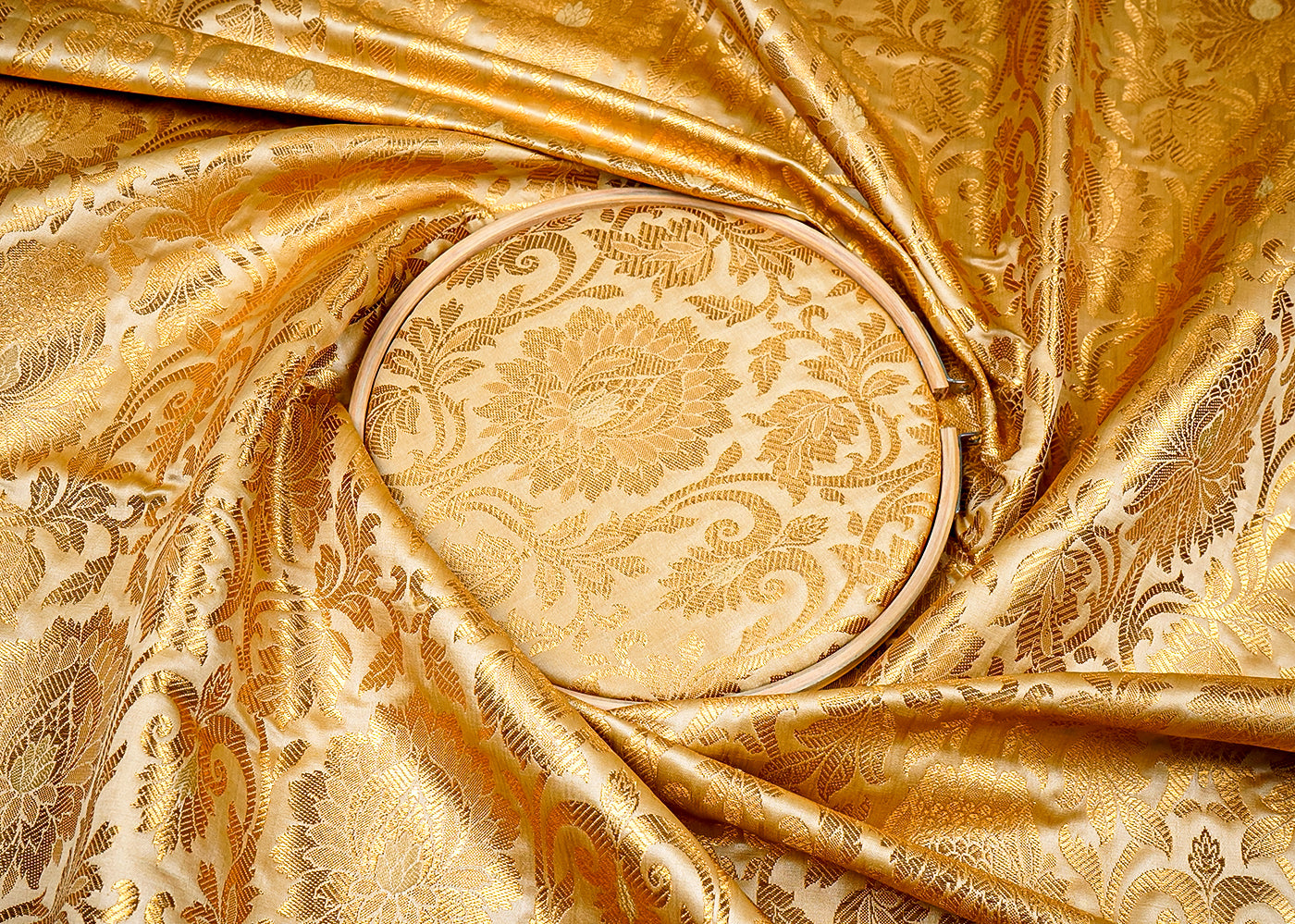 Golden  Banarasi Brocade Fabric with Allover Golden Zari Handloom 15905
