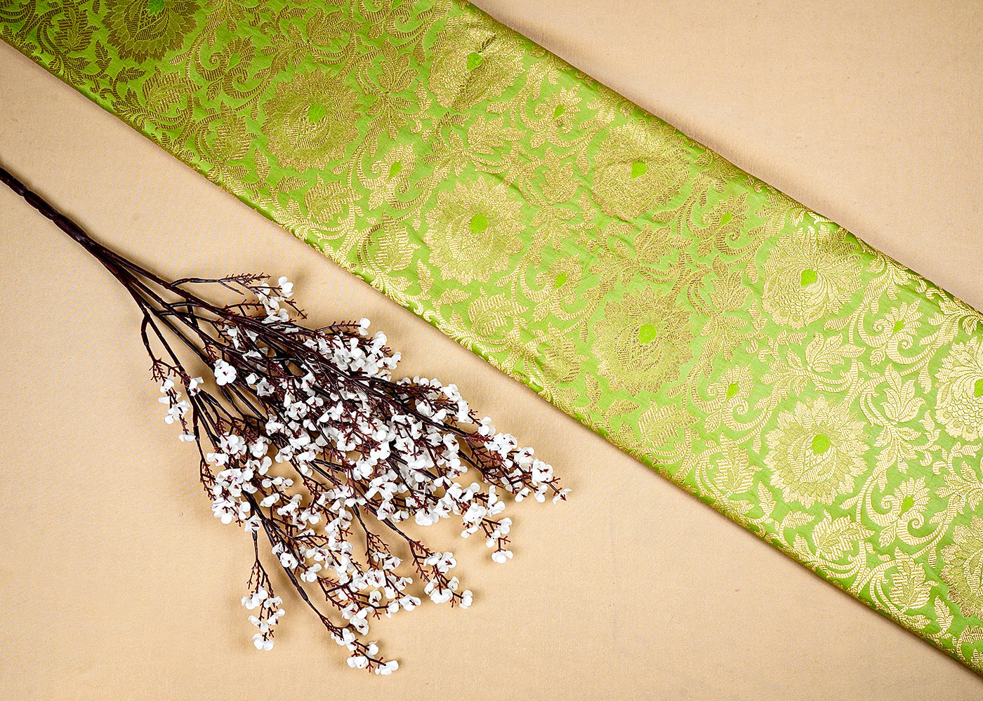 Parrot Green Banarasi Brocade Fabric with Allover Golden Zari Handloom 15906