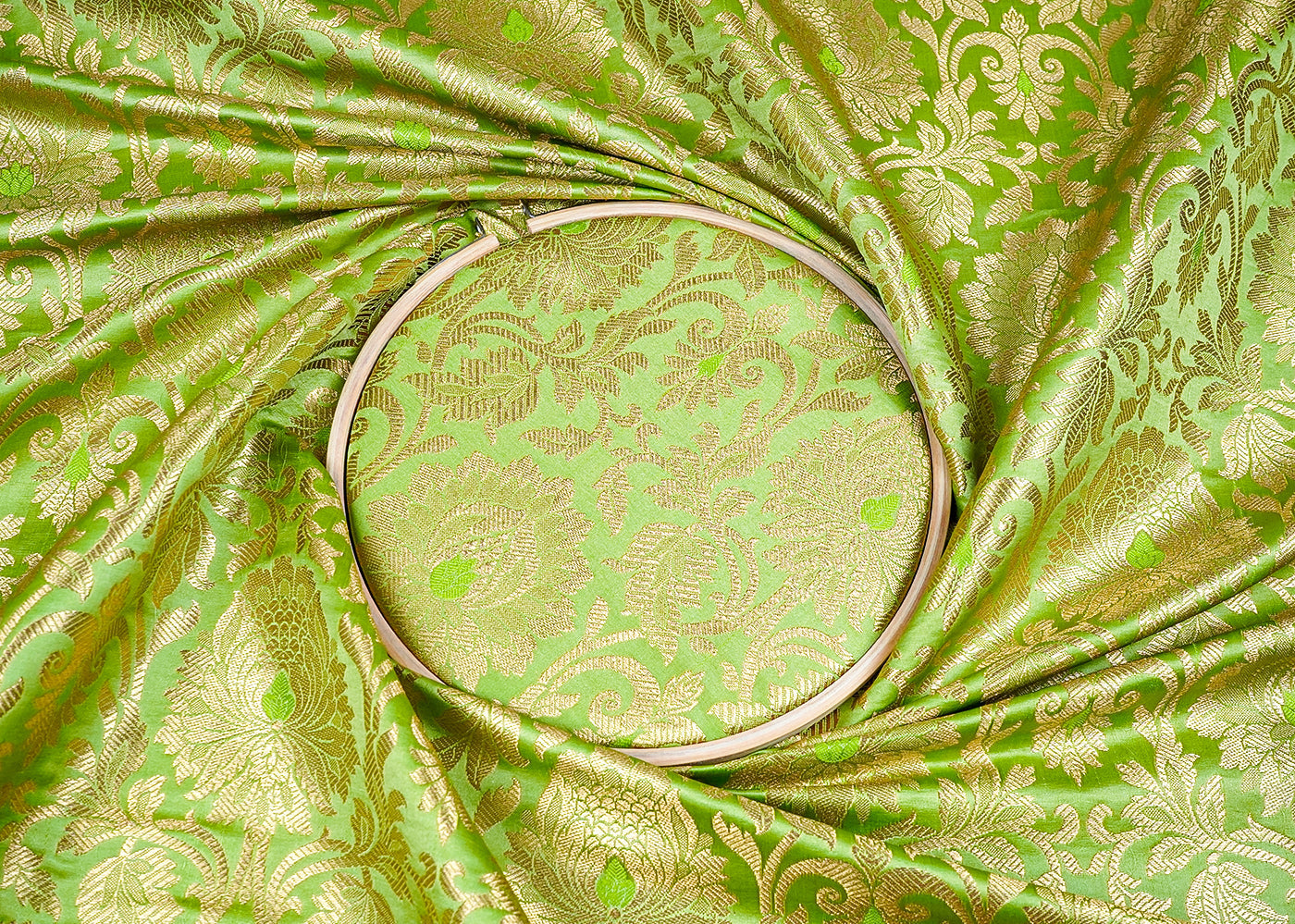 Parrot Green Banarasi Brocade Fabric with Allover Golden Zari Handloom 15906