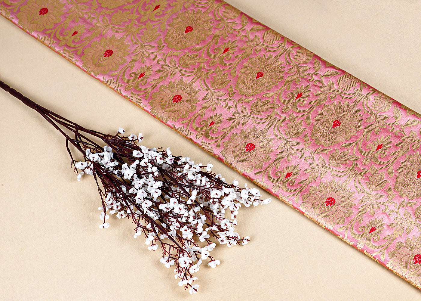 Pink Banarasi Brocade Fabric with Allover Golden Zari Handloom 15907