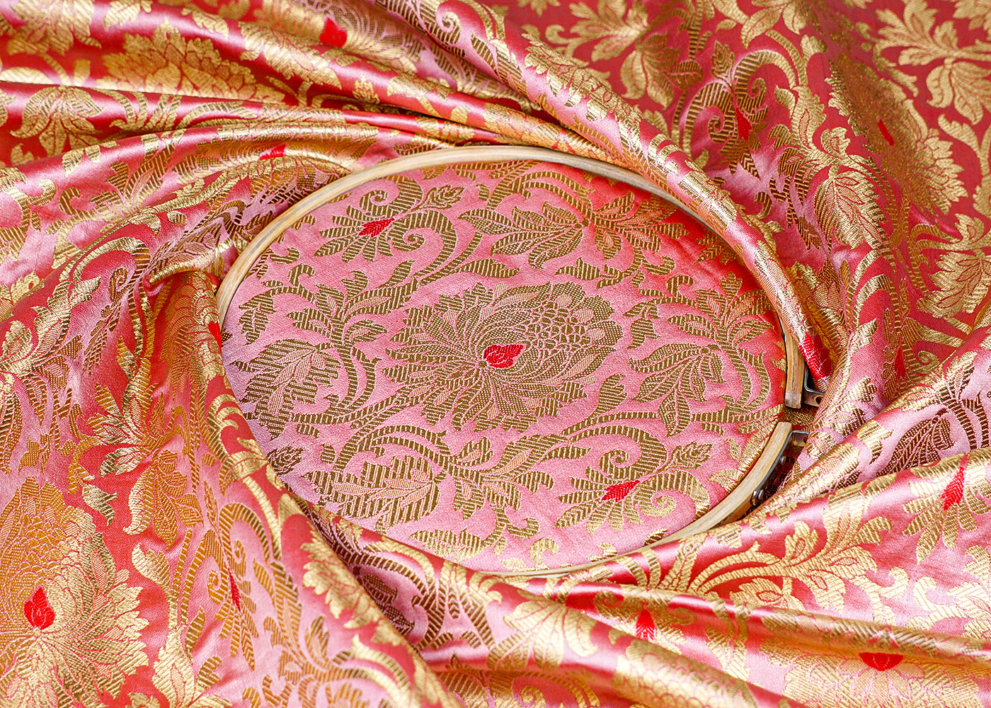Pink Banarasi Brocade Fabric with Allover Golden Zari Handloom 15907