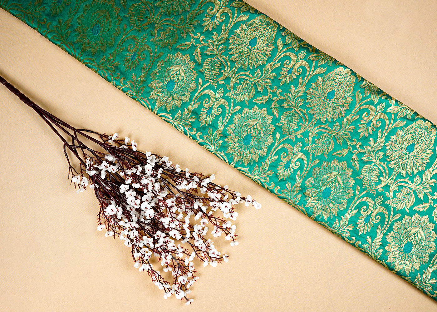 Green  Banarasi Brocade Fabric with Allover Golden Zari Handloom 15908