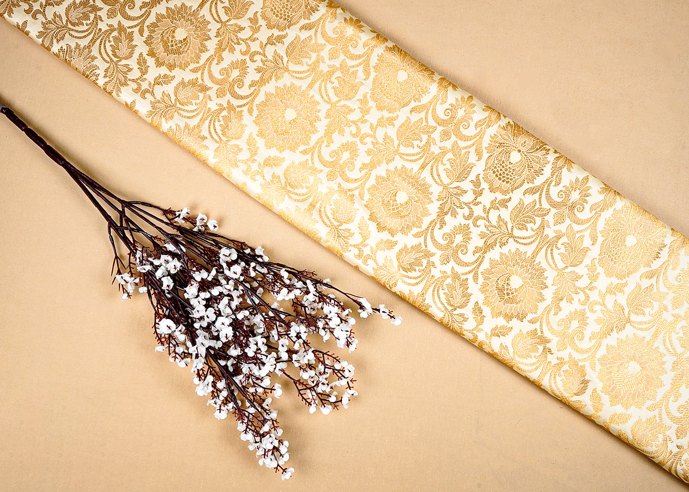 Golden  Banarasi Brocade Fabric with Allover Golden Zari Handloom 15909