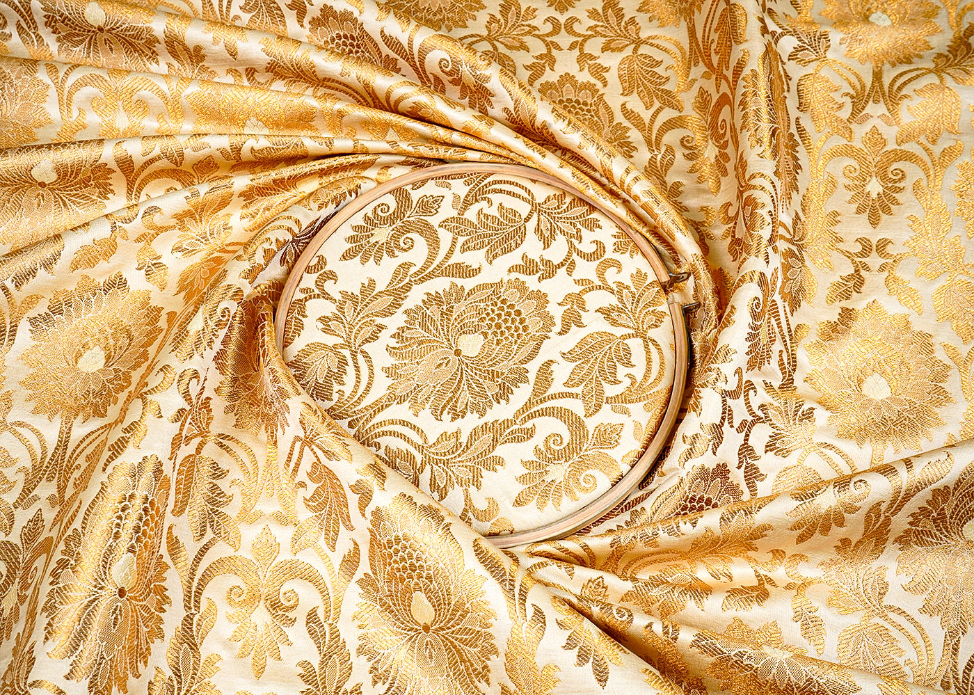 Golden  Banarasi Brocade Fabric with Allover Golden Zari Handloom 15909