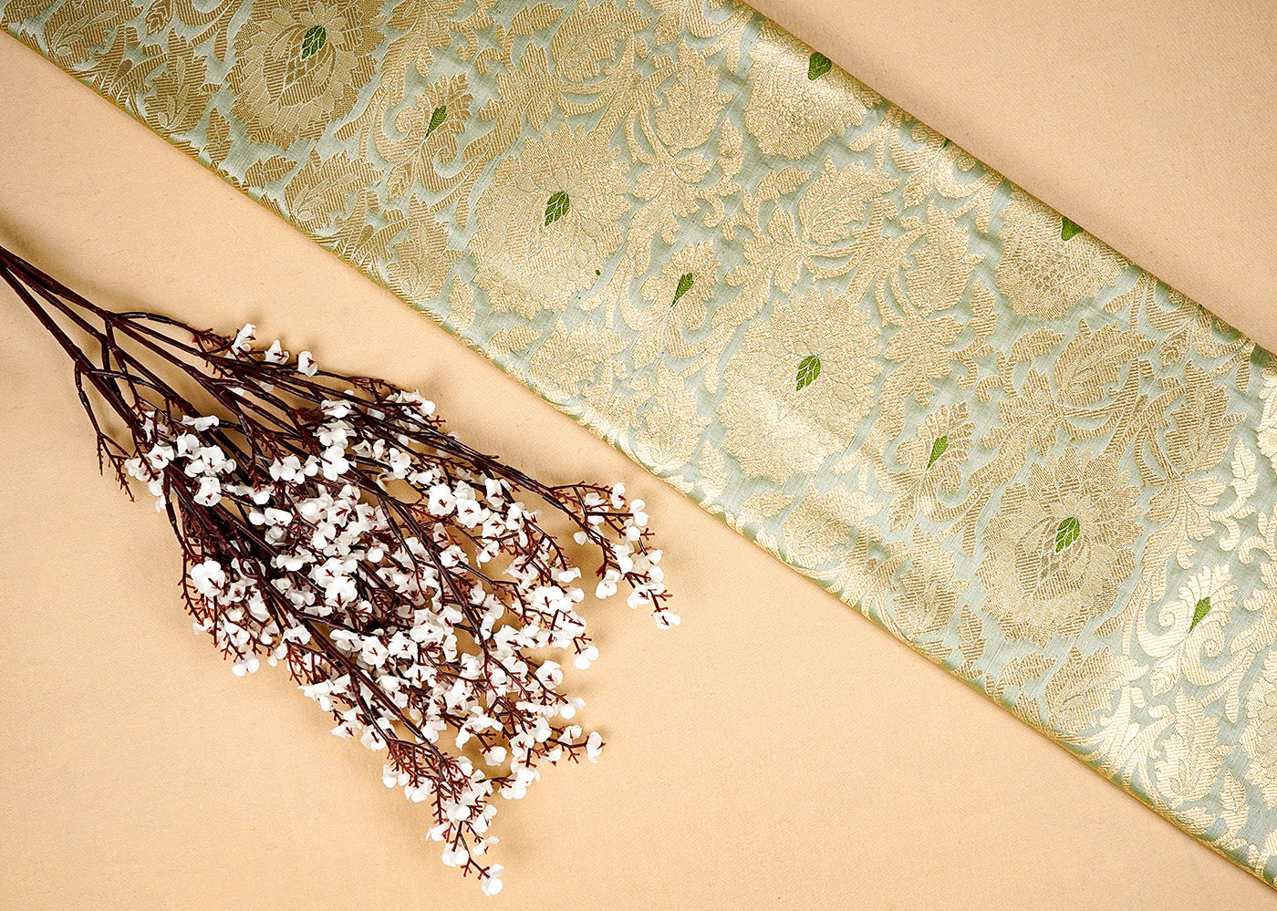 Pista Green Banarasi Brocade Fabric with Allover Golden Zari Handloom 15910