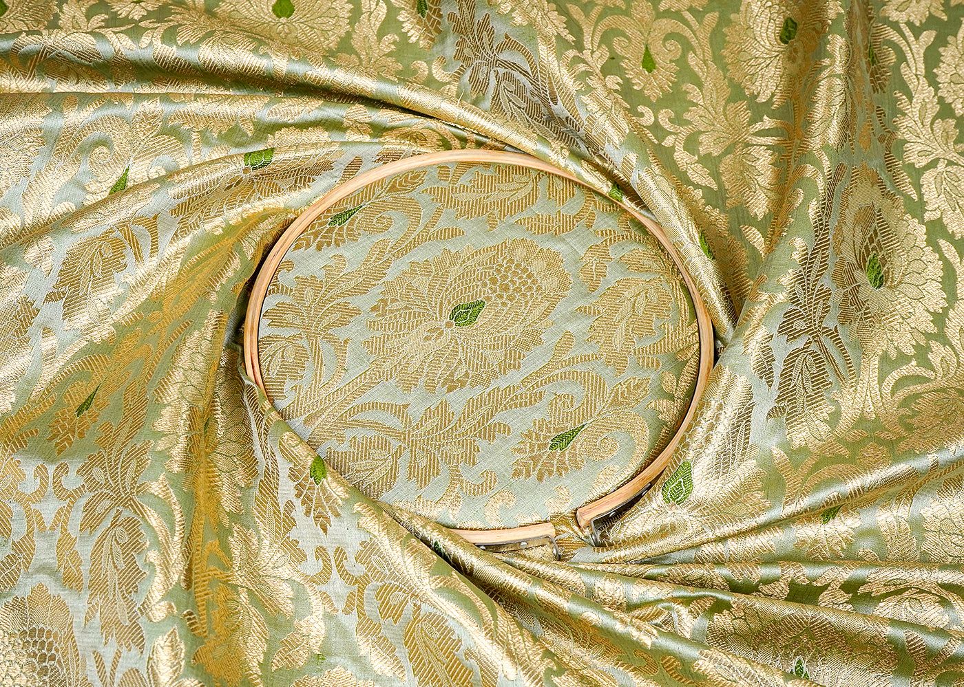 Pista Green Banarasi Brocade Fabric with Allover Golden Zari Handloom 15910