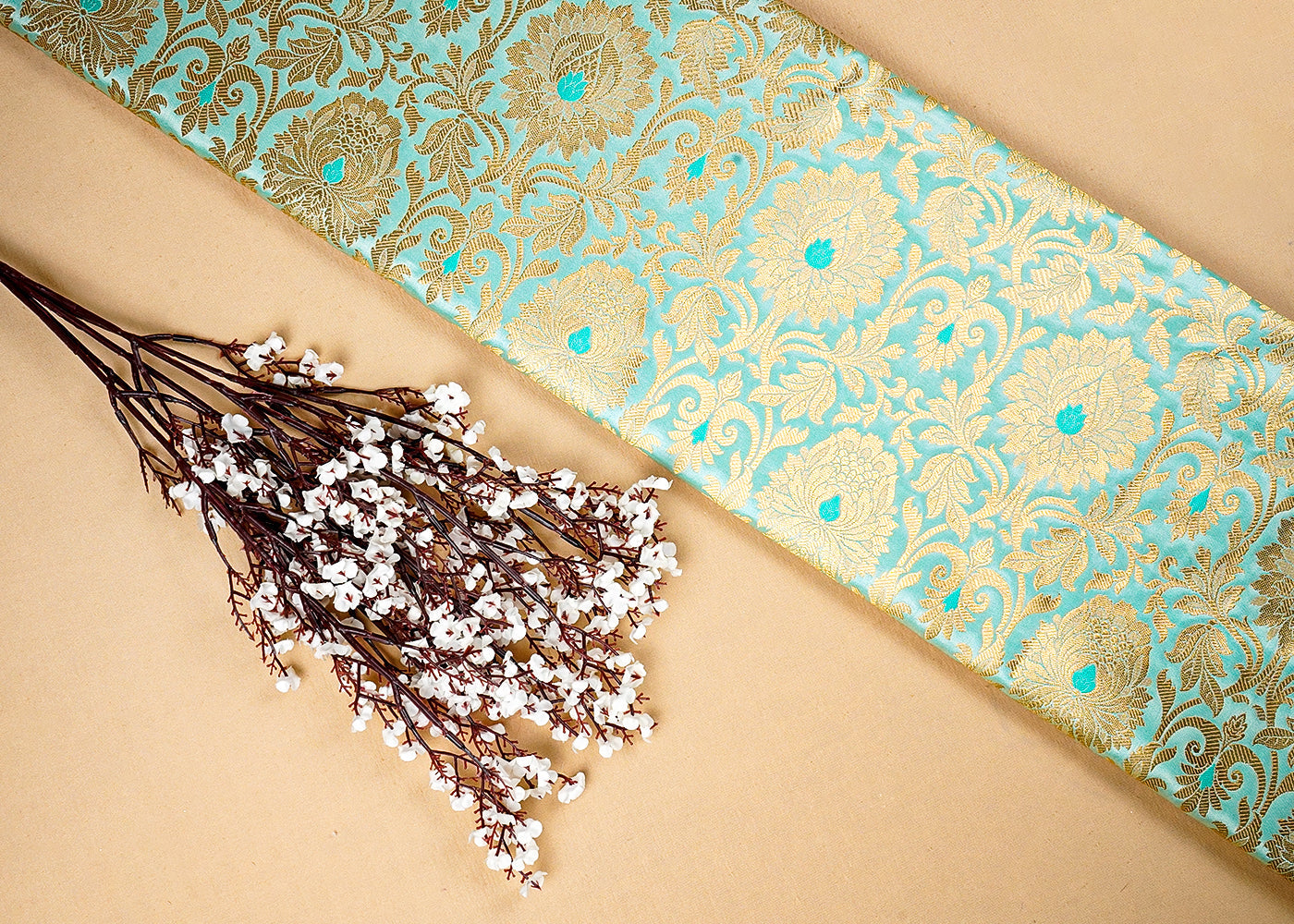 Aqua Green Banarasi Brocade Fabric with Allover Golden Zari Handloom 15912