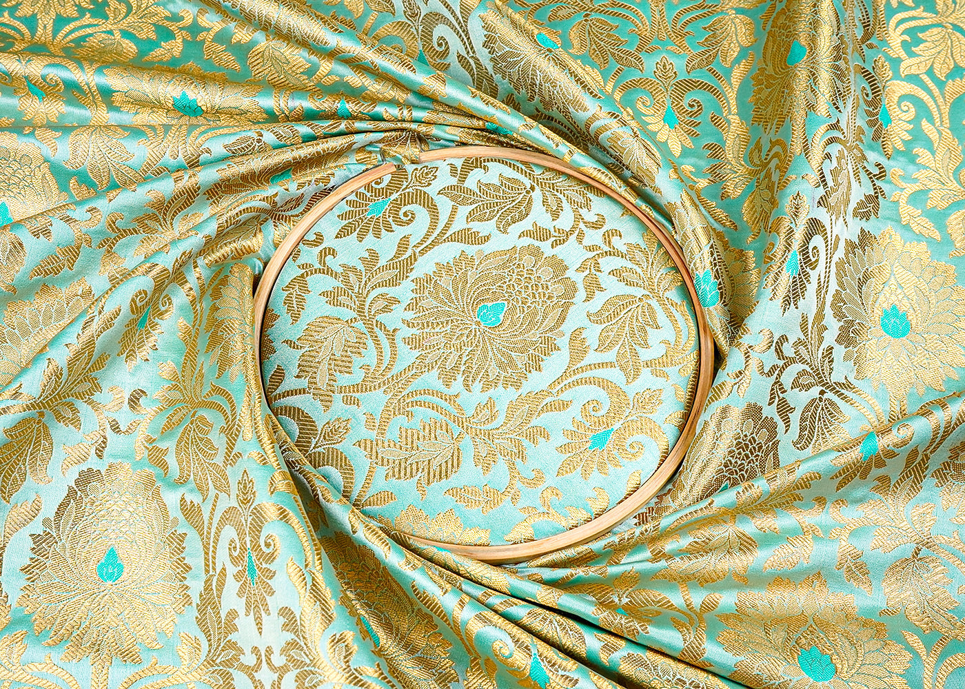 Aqua Green Banarasi Brocade Fabric with Allover Golden Zari Handloom 15912
