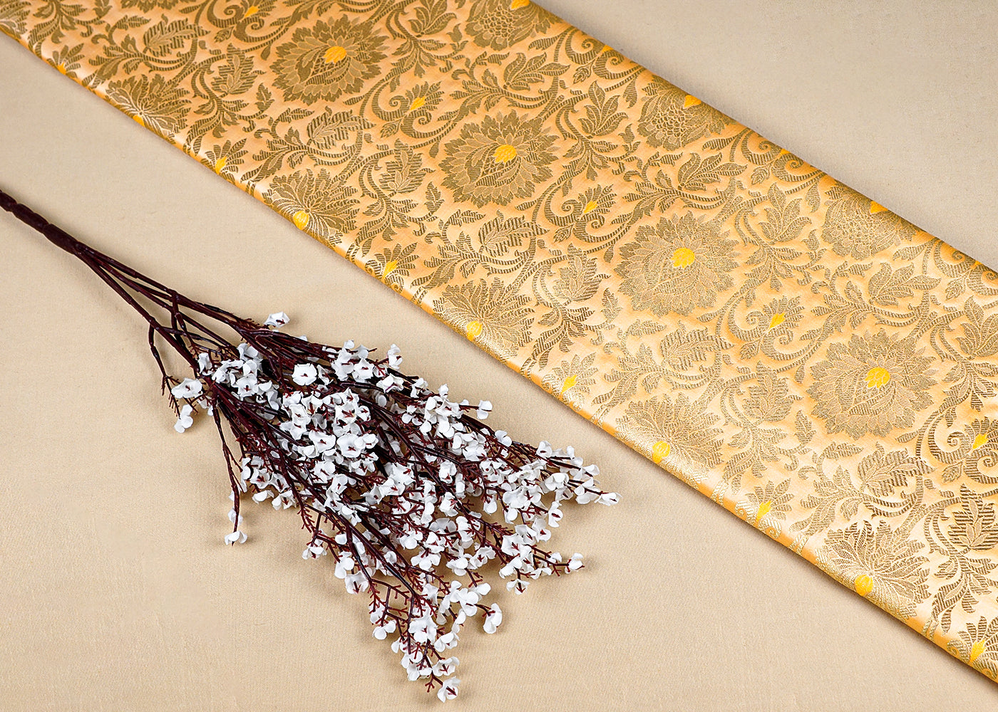 Mustrad Banarasi Brocade Fabric with Allover Golden Zari Handloom 15913