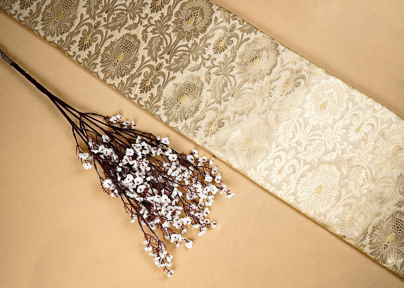 Golden Banarasi Brocade Fabric with Allover Golden Zari Handloom 15914