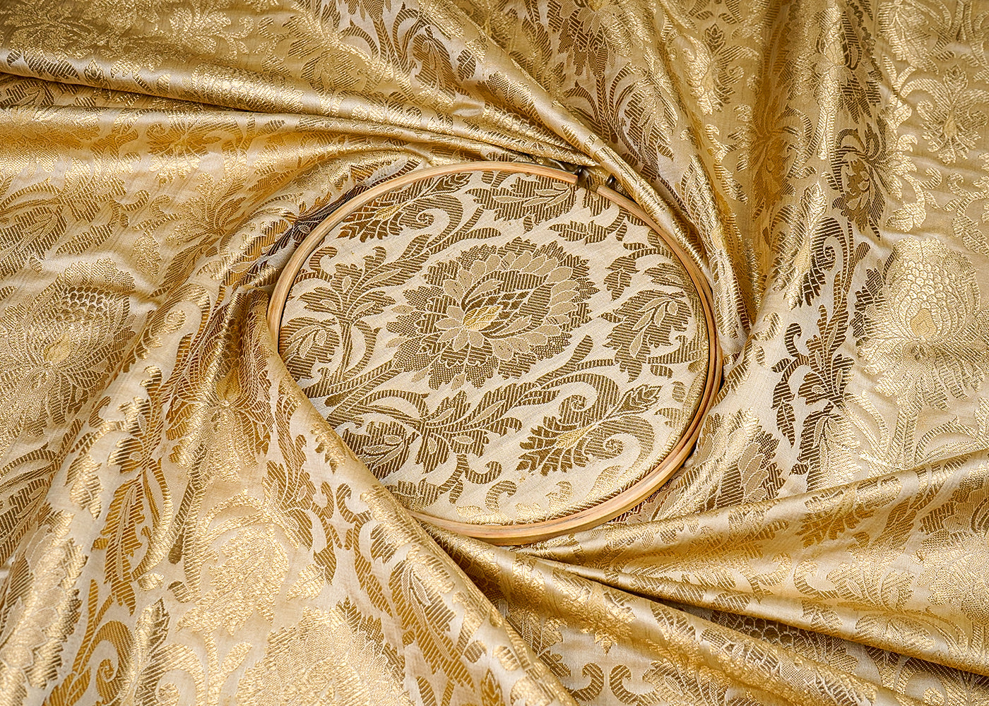 Golden Banarasi Brocade Fabric with Allover Golden Zari Handloom 15914