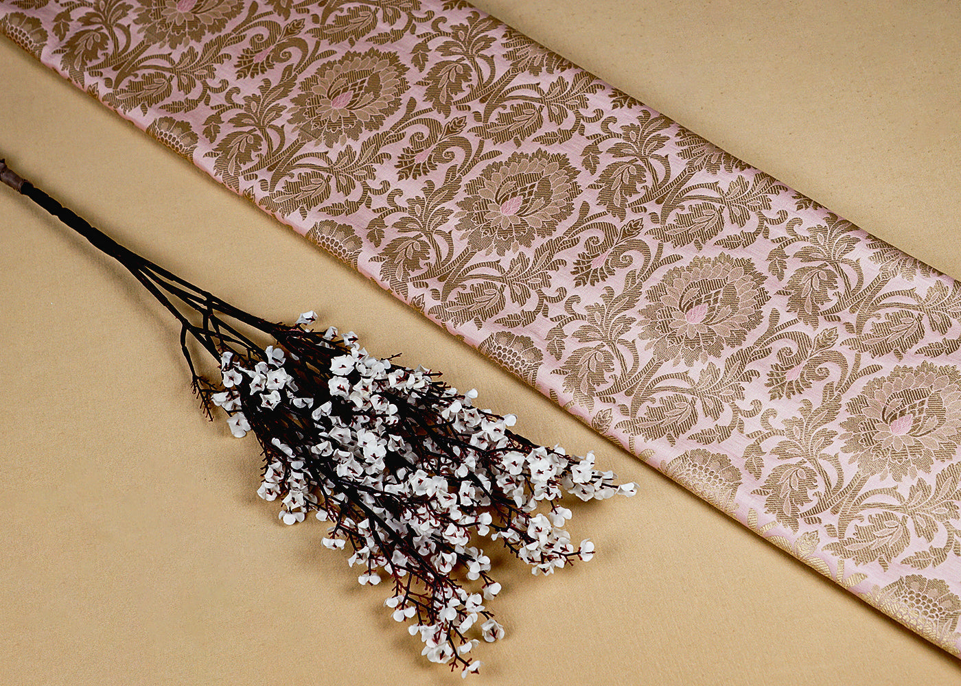 Baby Pink Banarasi Brocade Fabric with Allover Golden Zari Handloom 15915