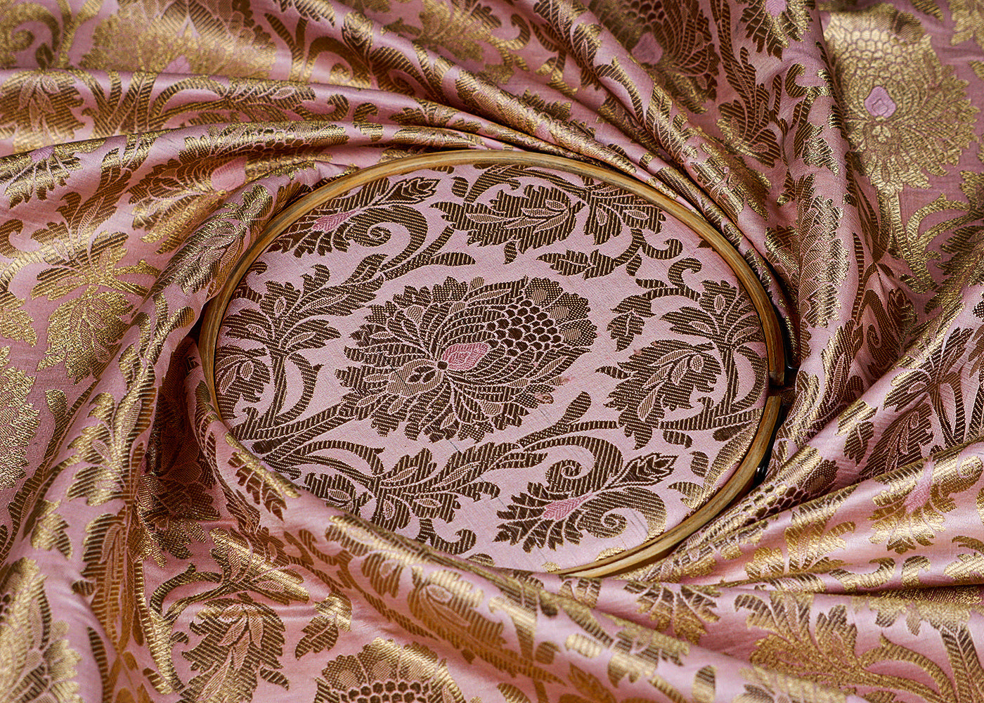 Baby Pink Banarasi Brocade Fabric with Allover Golden Zari Handloom 15915